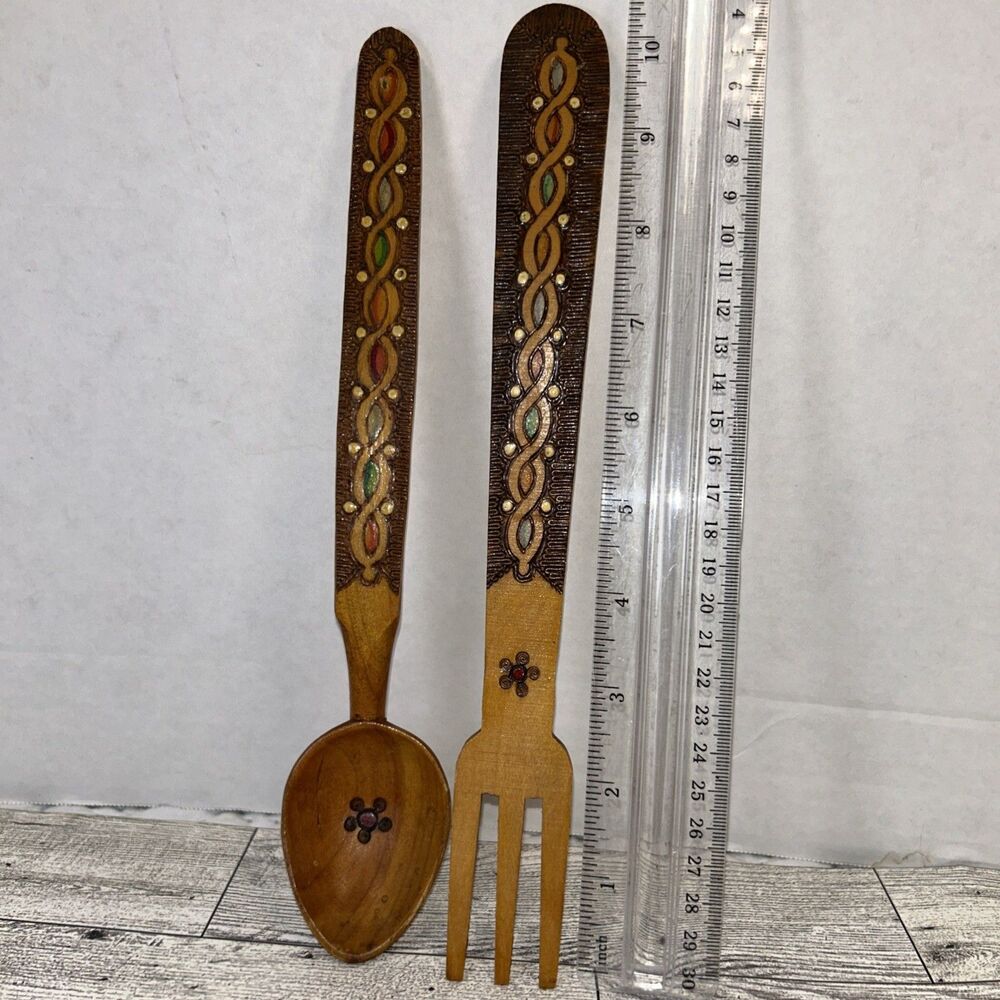 Hand Carved & Painted Wood Small Serving Fork & Spoon Set with Flowers